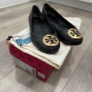 Tory Burch Black Reva Ballet Flats with Gold Logo